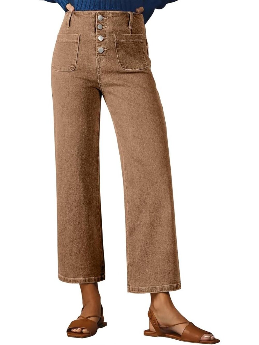 Women's Brown High Waisted Jeans Stretchy Denim Pant Casual Wide Leg Jeans